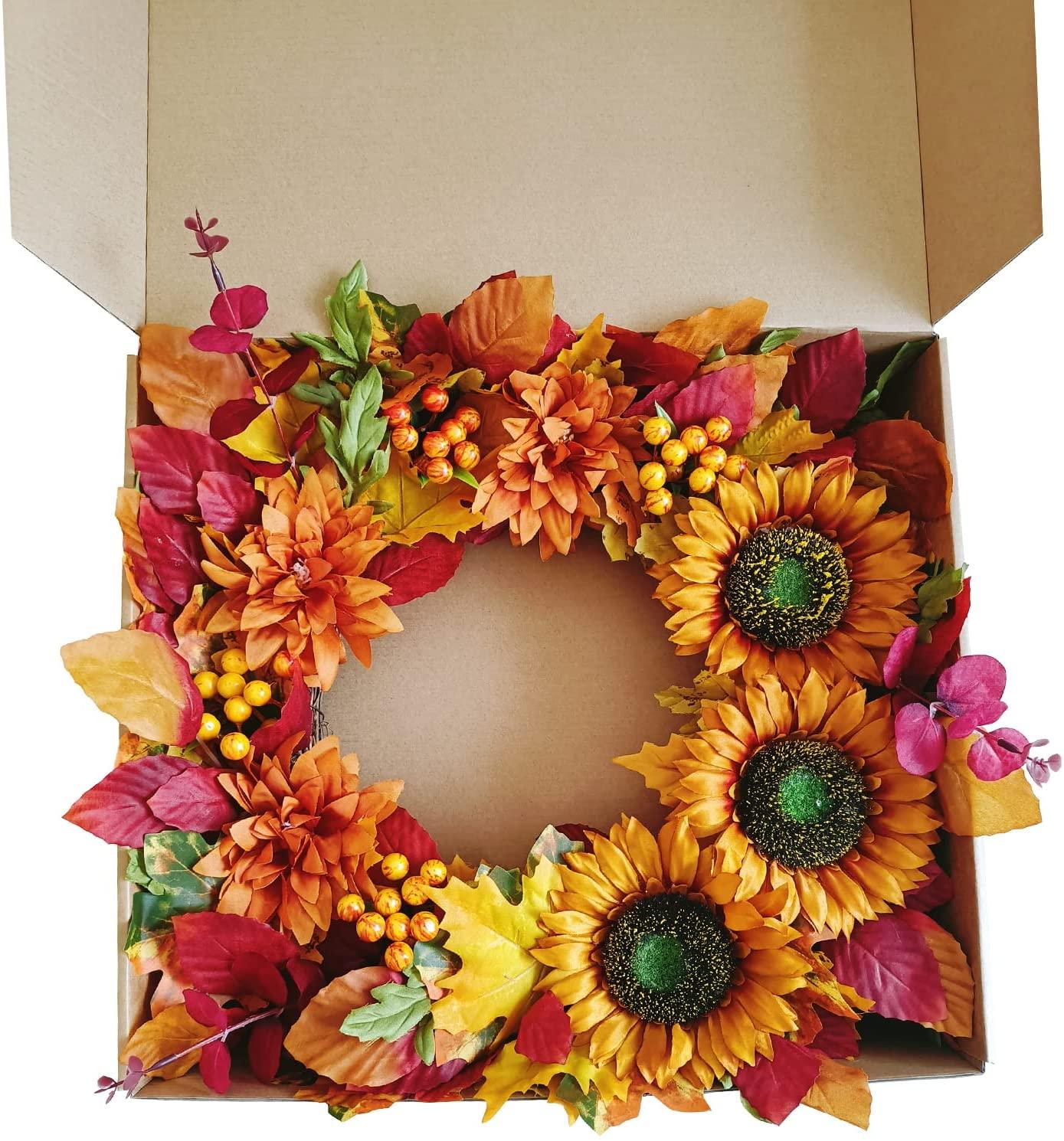 Fall Wreath for Front Door, 20-Inch Autumn Sunflowers Wreath - Tokcare Home