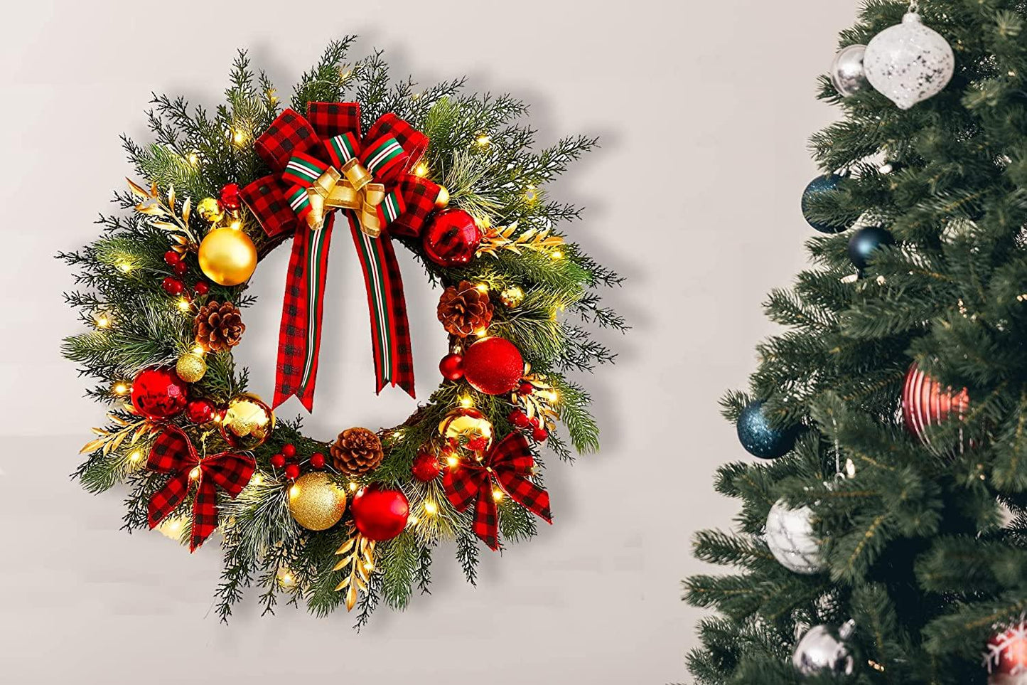 Christmas Wreath with Lights 20 Inch Pre-Lit Christmas Door Wreath for Front Door with Red Plaid Bow and Ball Ornaments