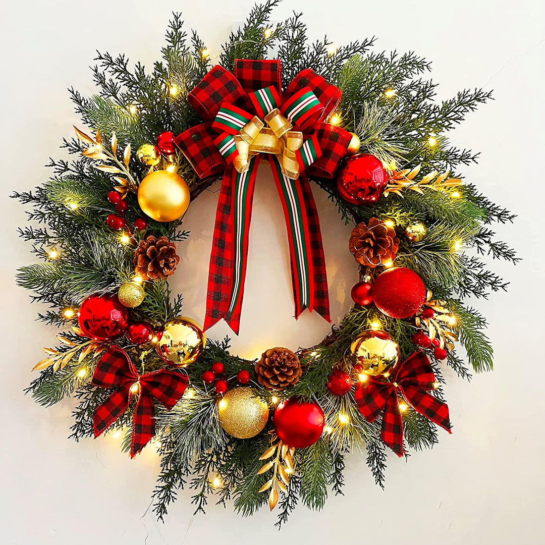 Christmas Wreath with Lights 20 Inch Pre-Lit Christmas Door Wreath for Front Door with Red Plaid Bow and Ball Ornaments - Tokcare Home