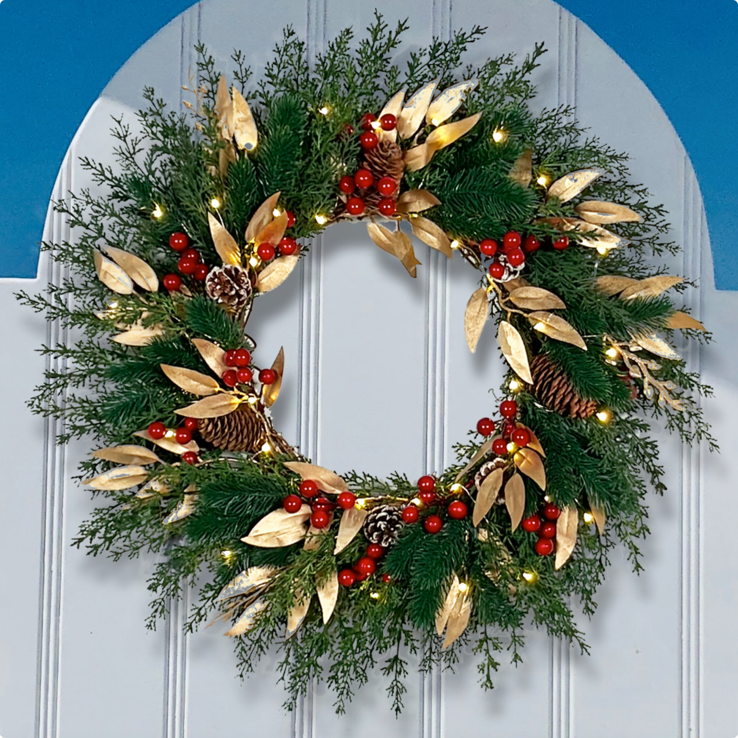 Weihnachtskranz mit goldenen Blättern und Lichtern, 50,8 cm großer, beleuchteter Weihnachtskranz für die Haustür 